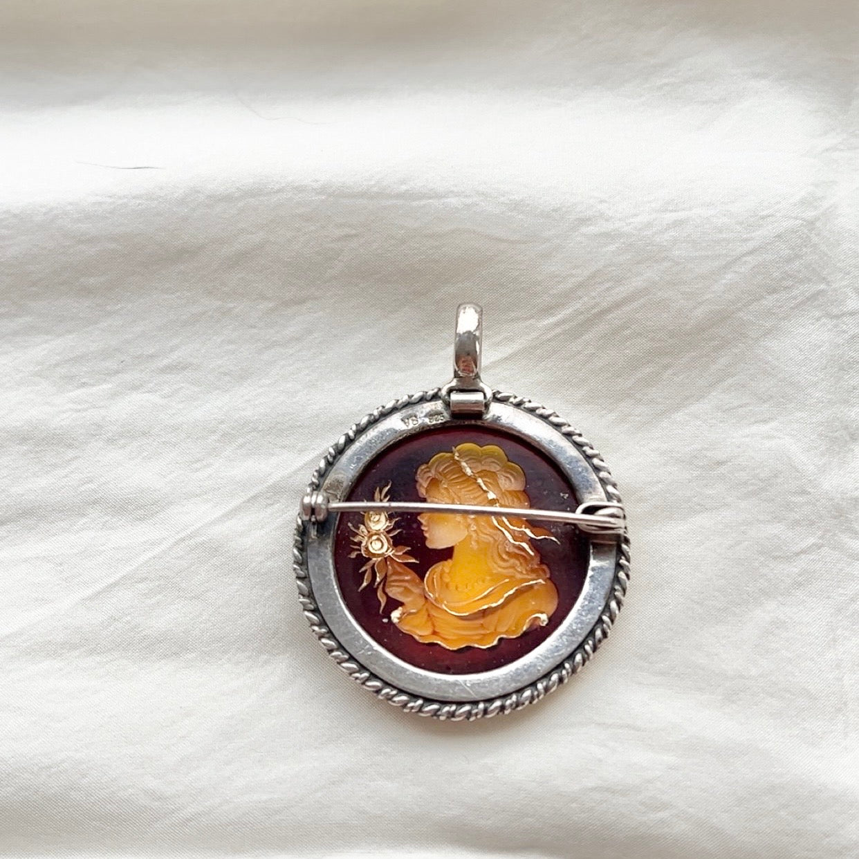 Sterling Silver Ornate Intaglio Carved Amber Cameo