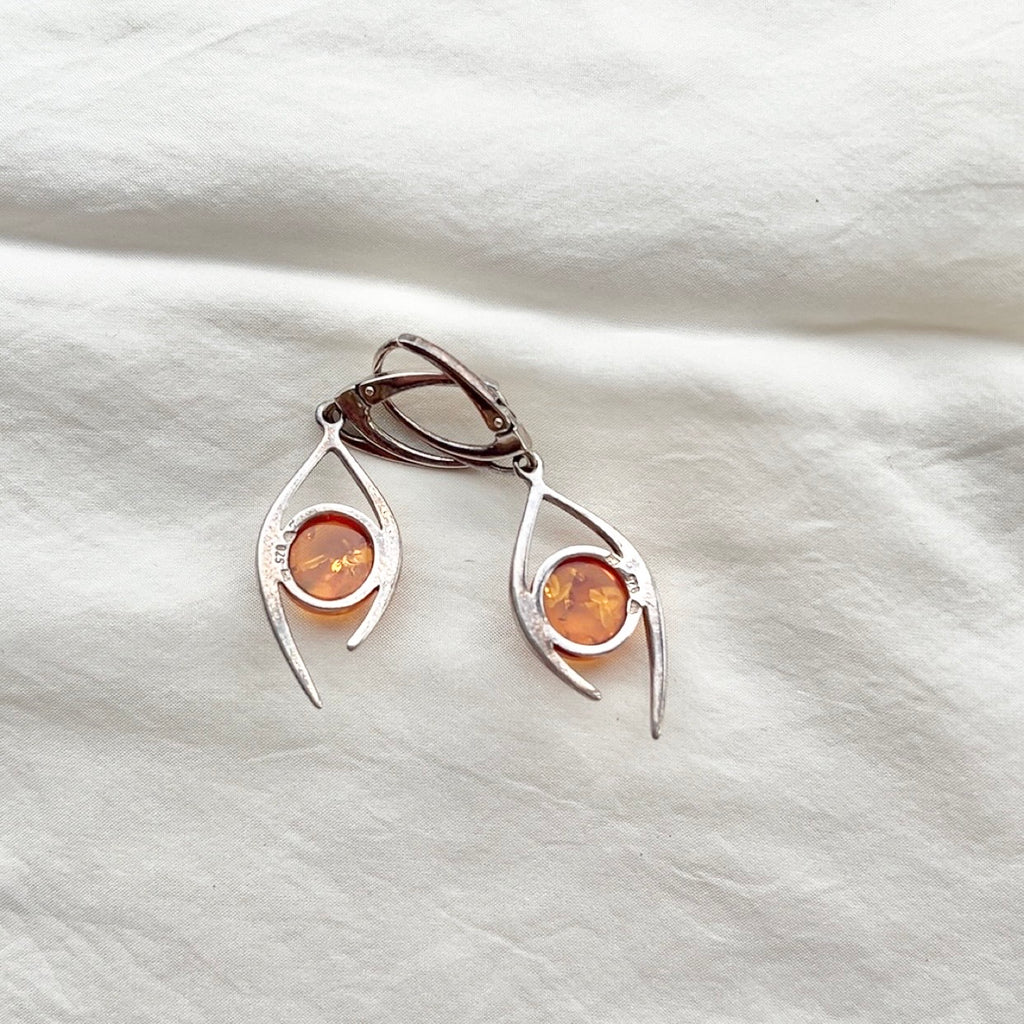 Sterling Silver Modernist Spiky Amber Lever Earrings