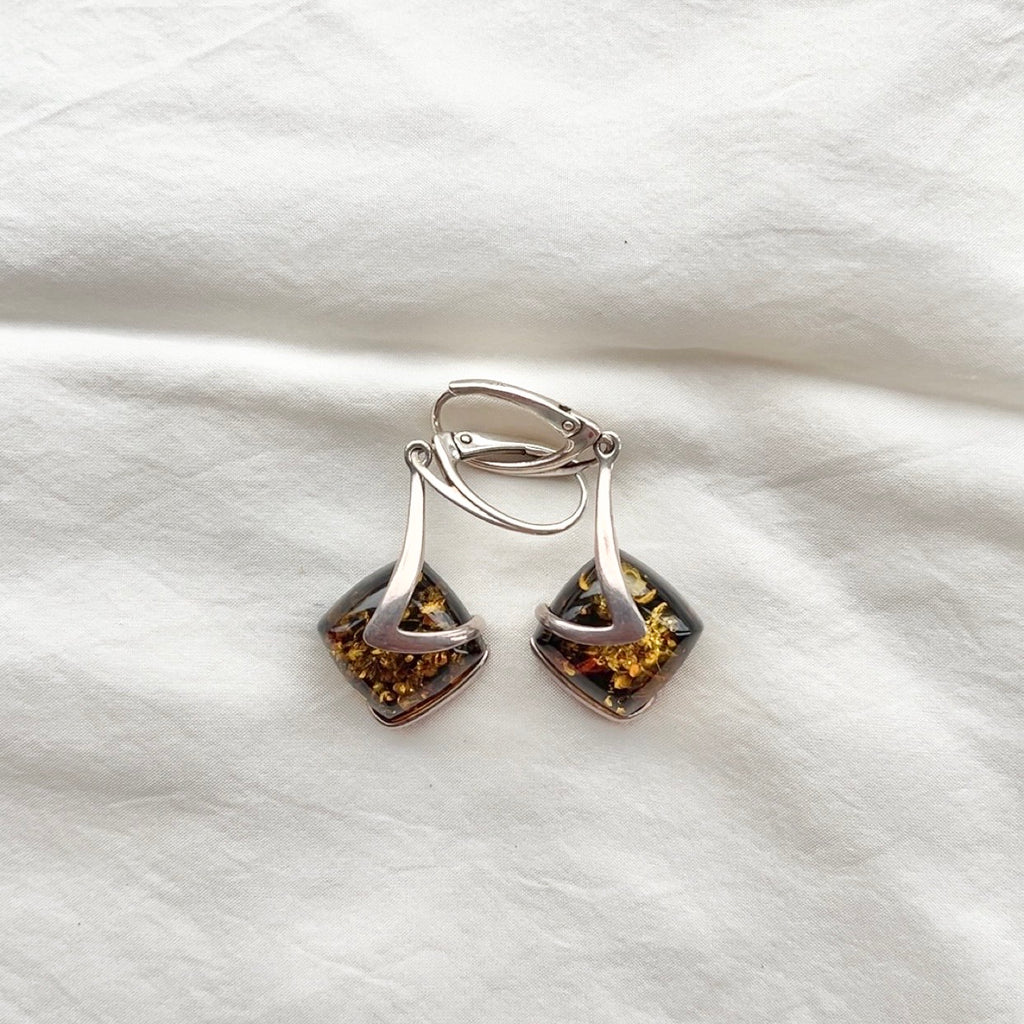 Sterling Silver Abstract Green Amber Lever Earrings