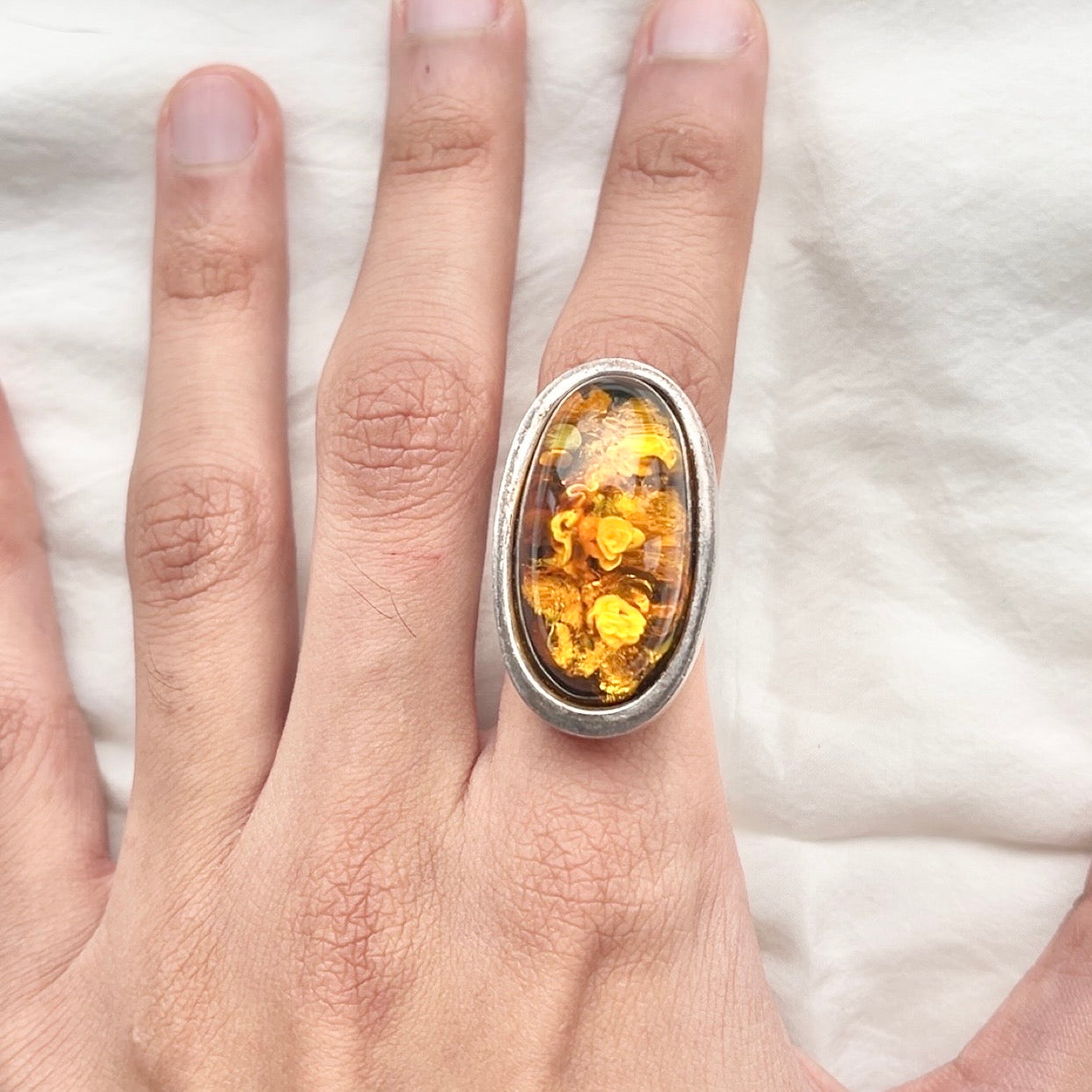 Sterling Silver Huge Carved Polish Amber Statement Ring Size S