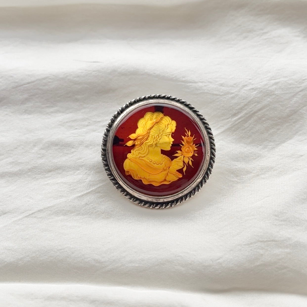 Sterling Silver Ornate Intaglio Carved Amber Cameo