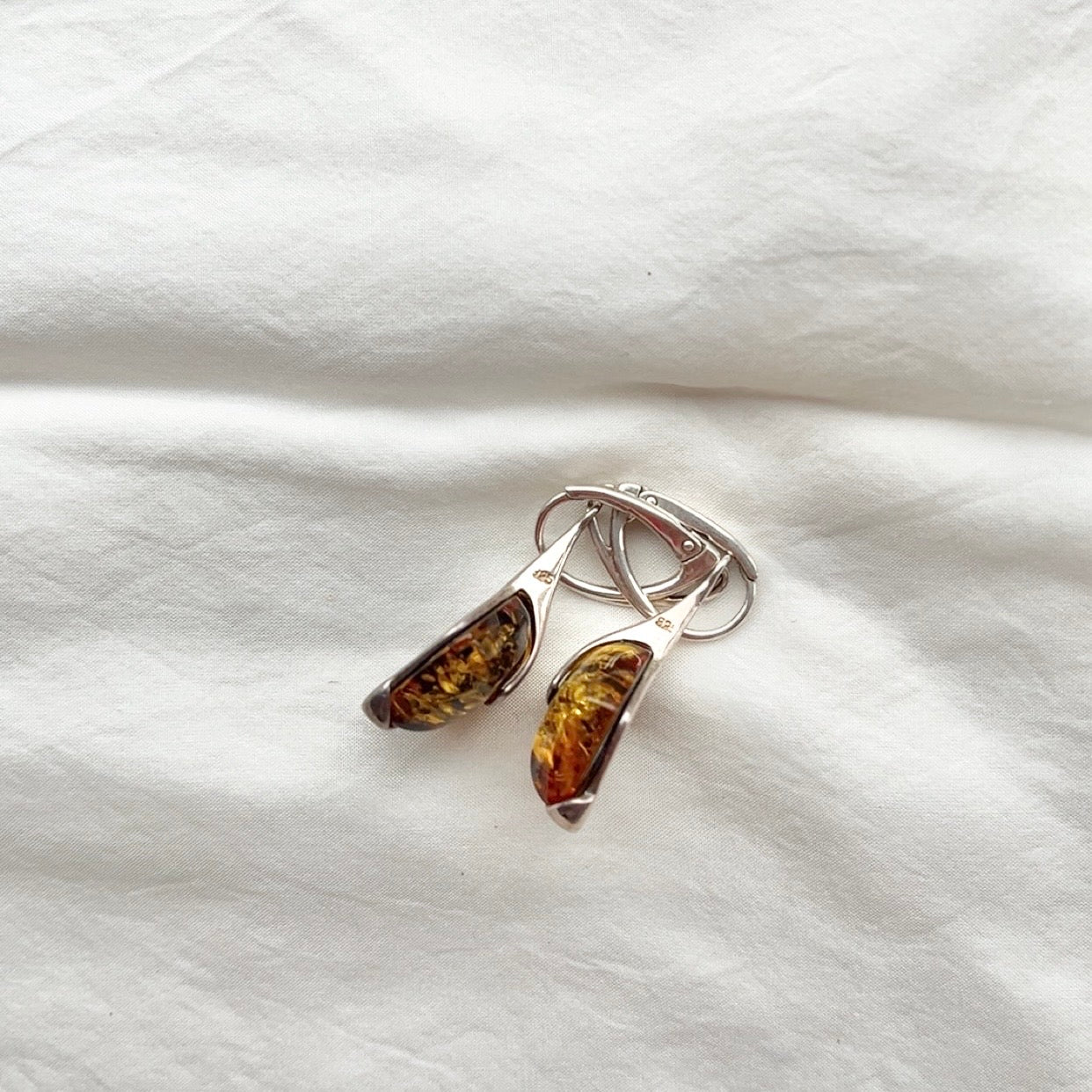Sterling Silver Abstract Green Amber Lever Earrings