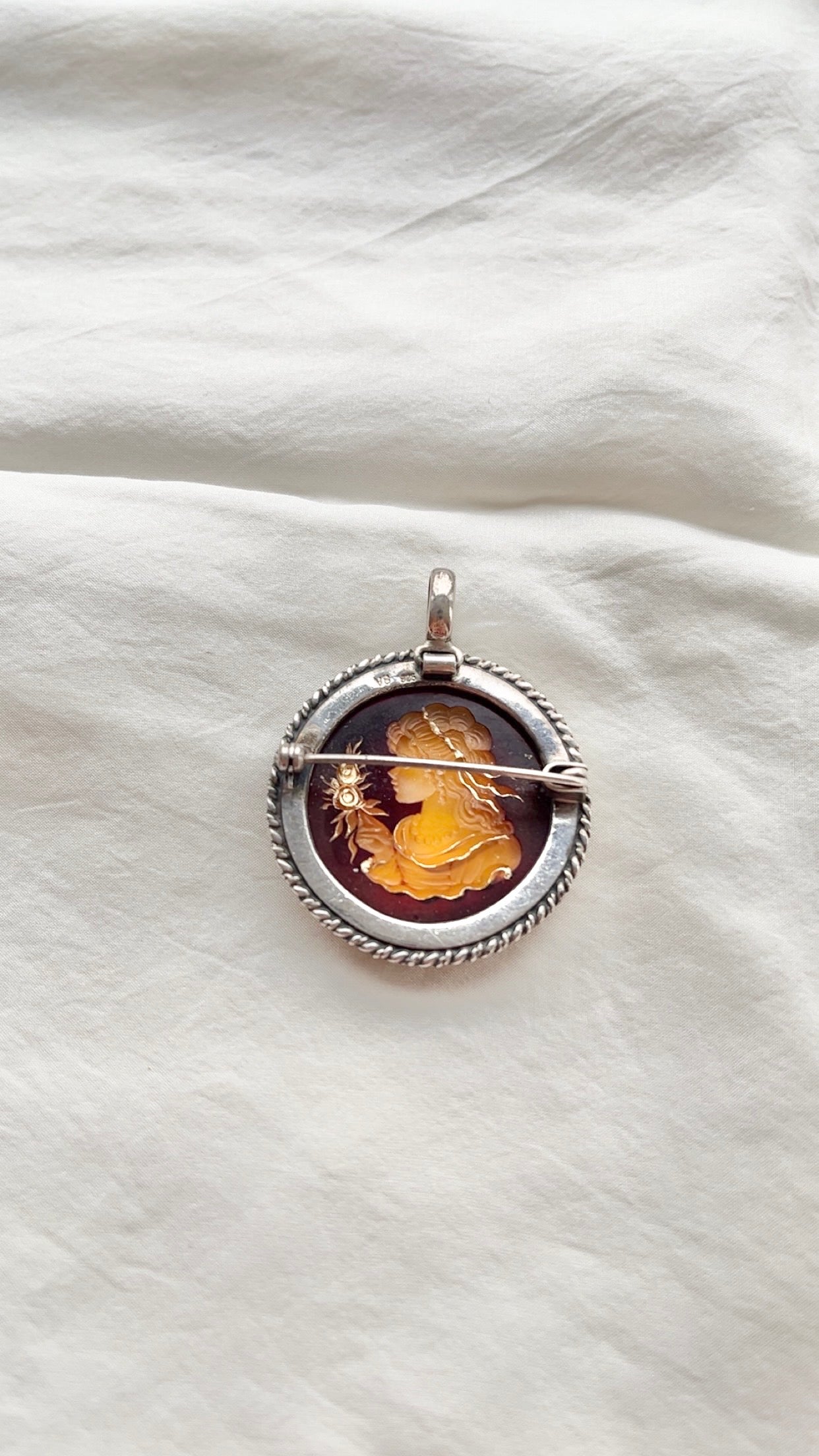 Sterling Silver Ornate Intaglio Carved Amber Cameo
