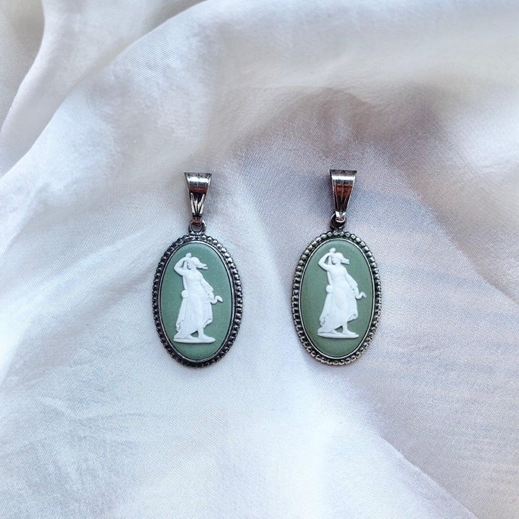 Sterling Silver Vintage Sage Wedgwood Oval Pendant