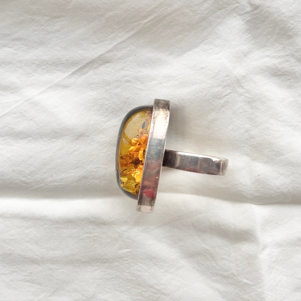 Sterling Silver Huge Carved Polish Amber Statement Ring Size S