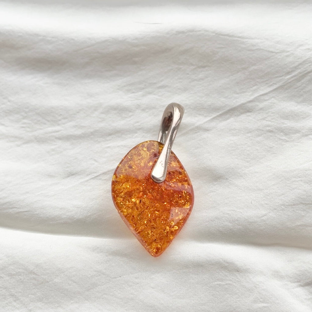 Sterling Silver Big Moving Amber Leaf Pendant