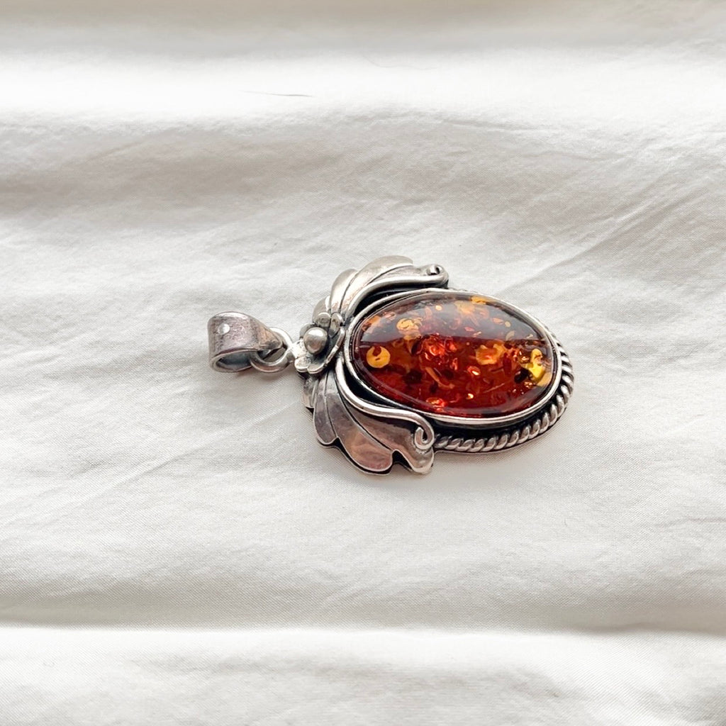Sterling Silver Large Art Nouveau Amber Pendant