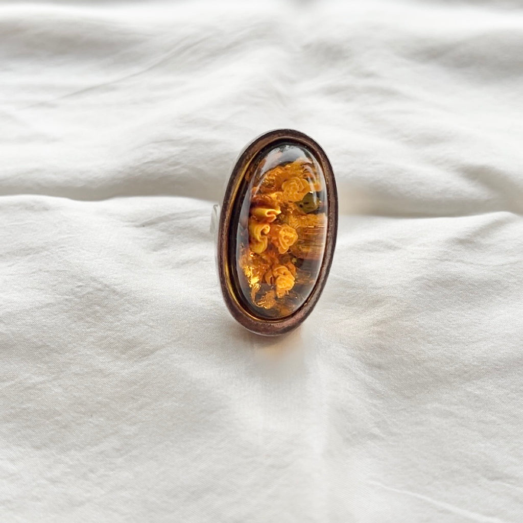 Sterling Silver Huge Carved Polish Amber Statement Ring Size S