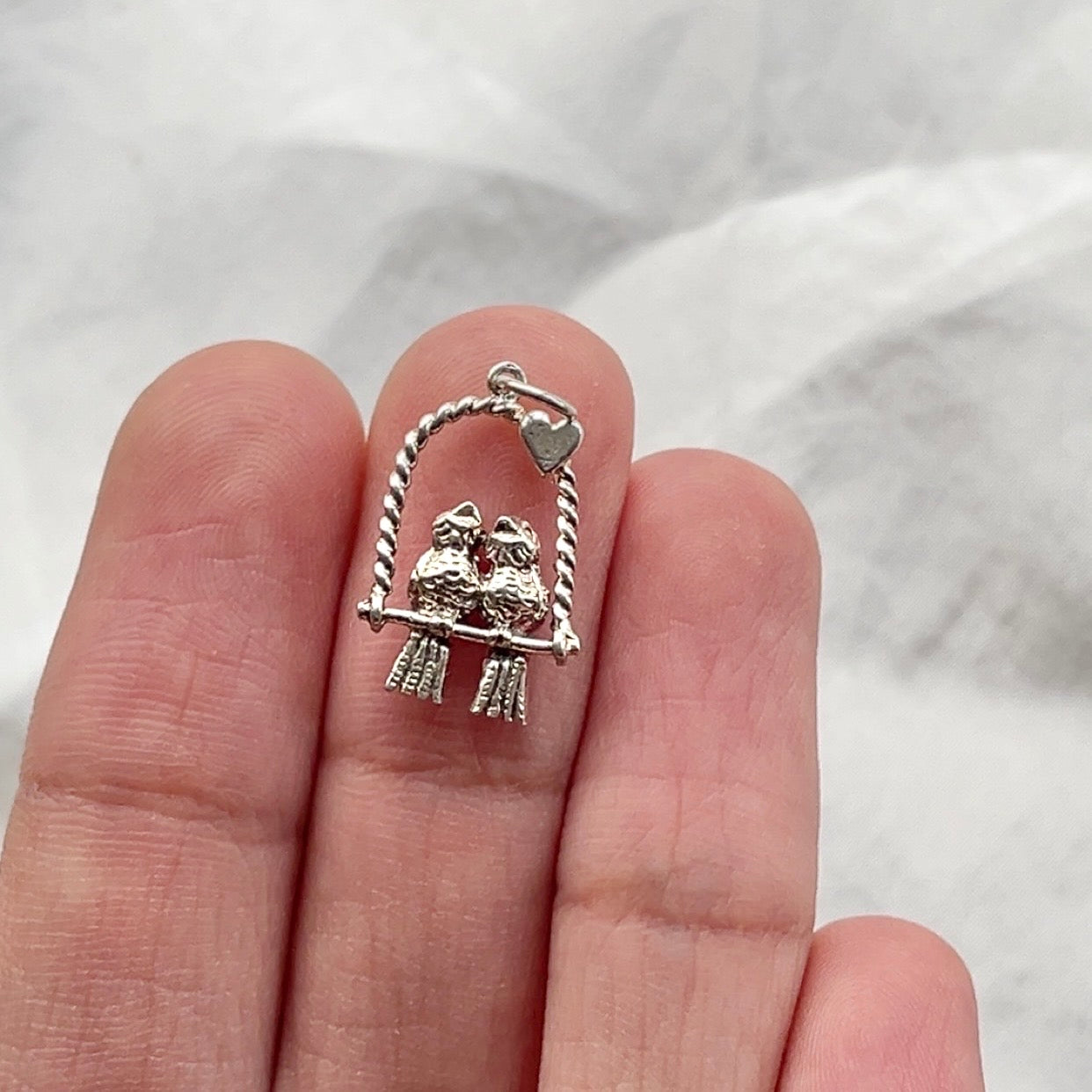 Sterling Silver Vintage Lovebirds on Swing Charm
