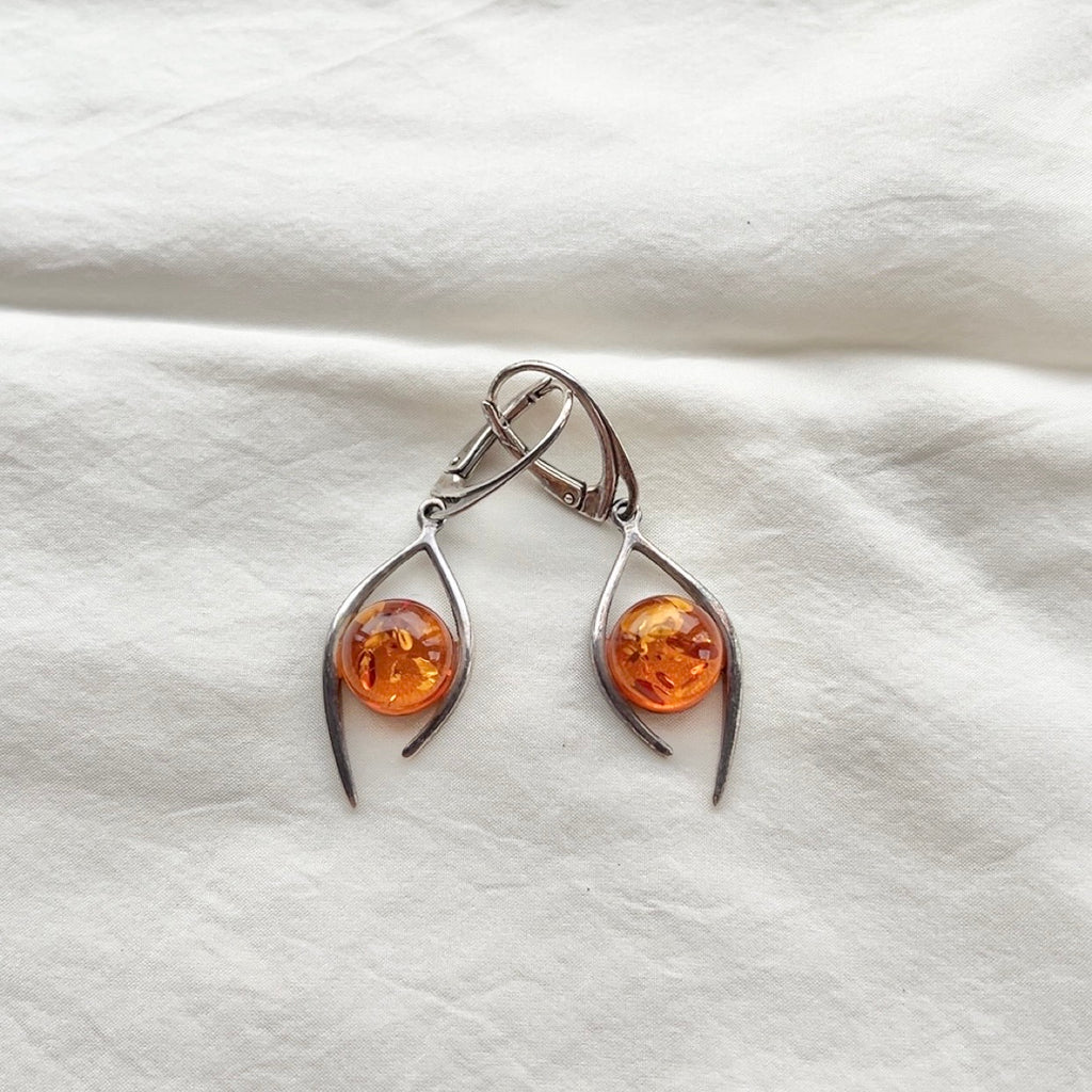 Sterling Silver Modernist Spiky Amber Lever Earrings