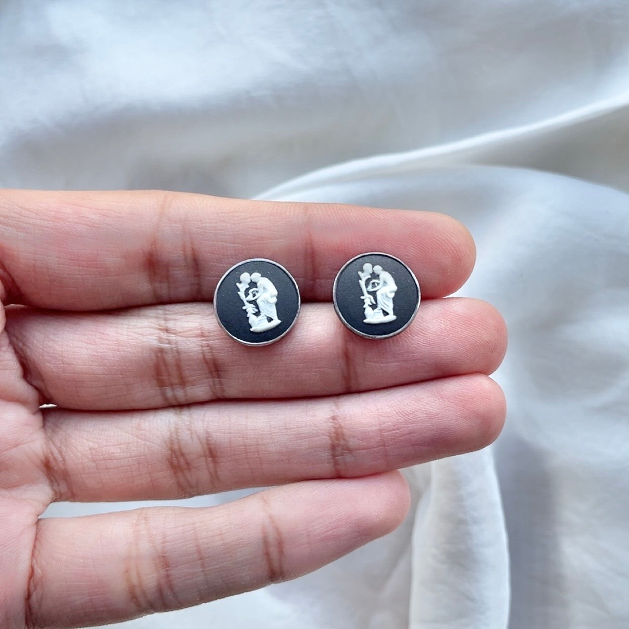 Sterling Silver Vintage Wedgwood Black and White Stud Earrings