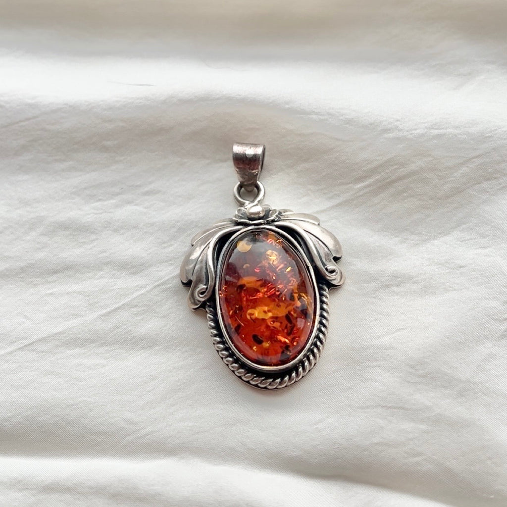 Sterling Silver Large Art Nouveau Amber Pendant
